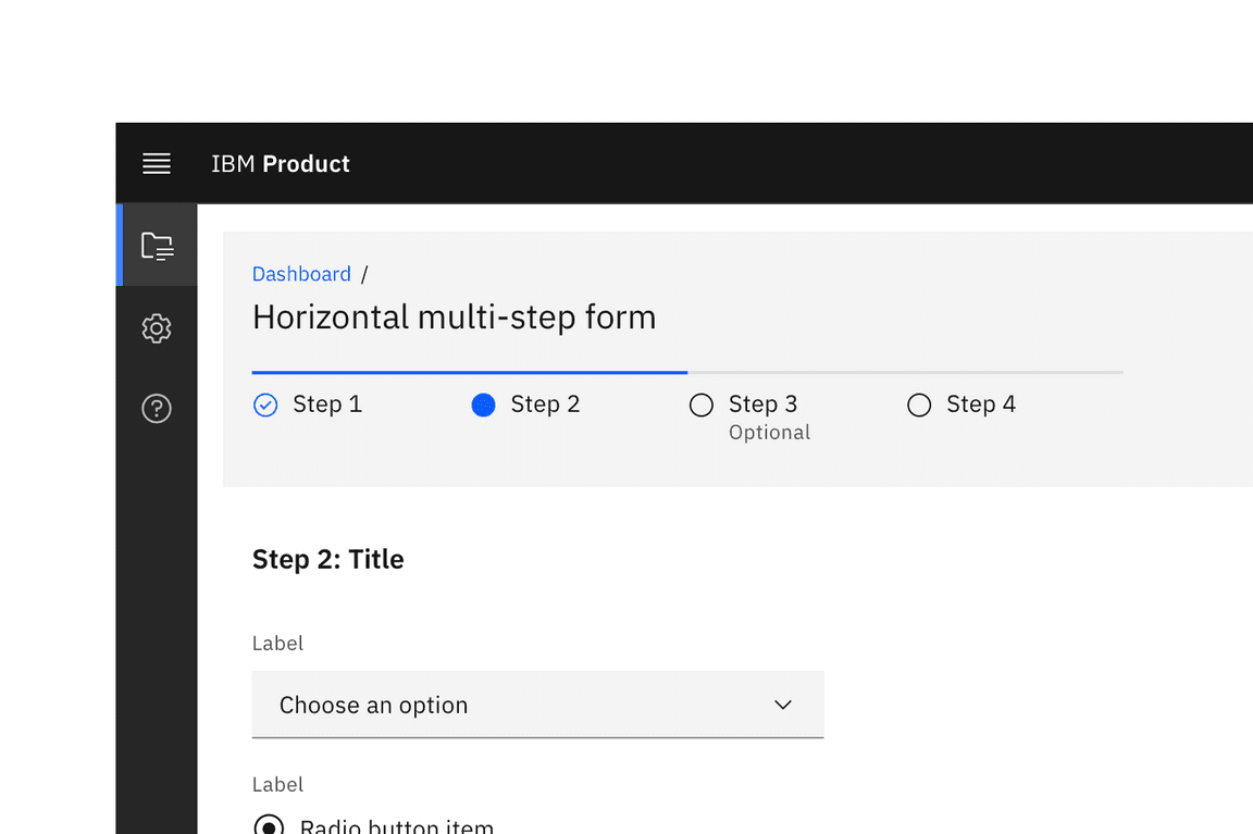 A multistep form with a horizontally oriented progress indicator.